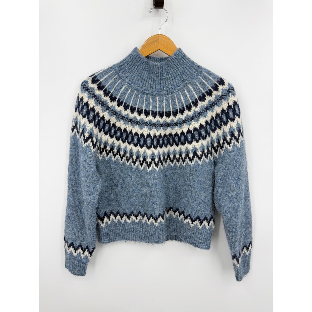 Gap Cloud Brush Fair Isle Sweater Women XS Sky Blue Mock Neck Wool Alpaca Blend